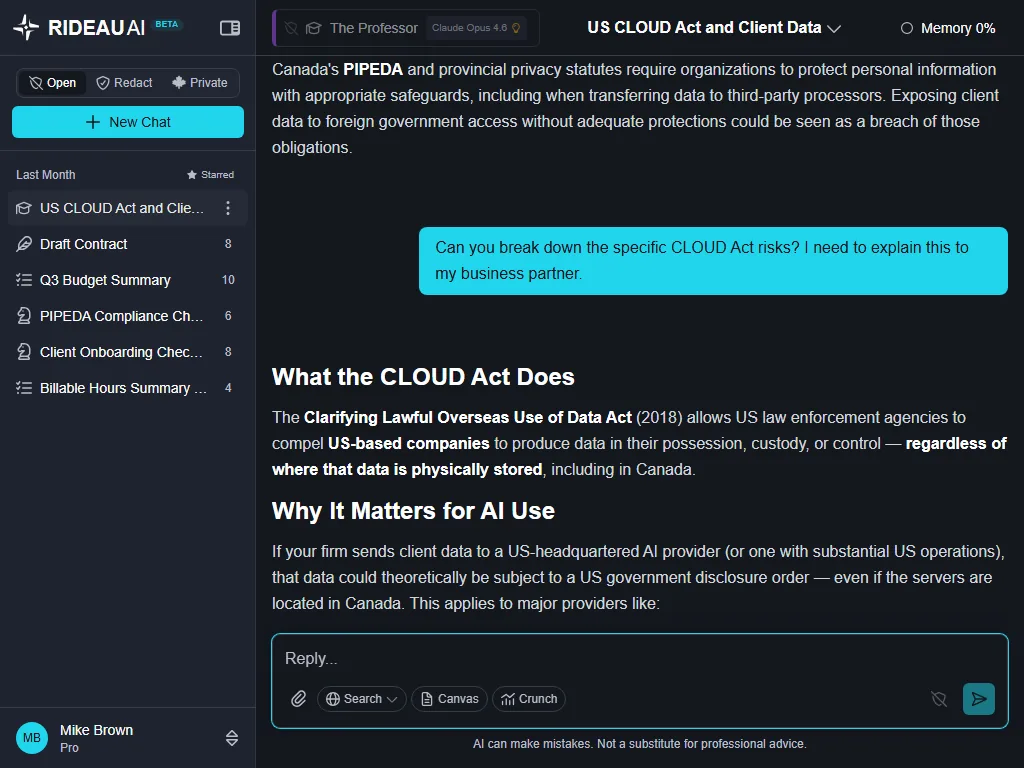 Rideau AI conversation about PIPEDA obligations and the US CLOUD Act's impact on Canadian client data, showing the chat interface with sidebar conversation history