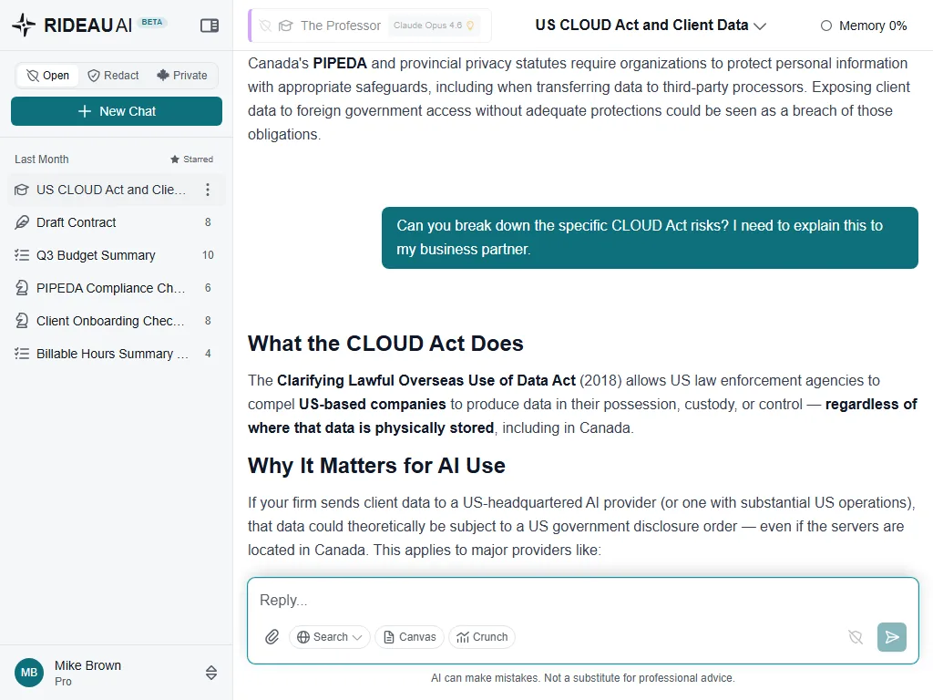 Rideau AI conversation about PIPEDA obligations and the US CLOUD Act's impact on Canadian client data, showing the chat interface with sidebar conversation history