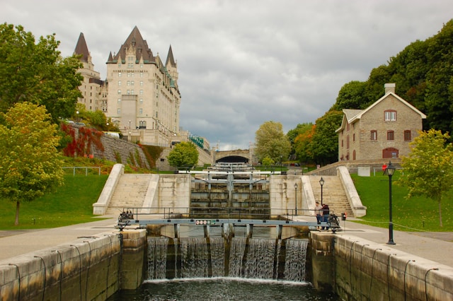 The Rideau Canal locks in Ottawa, with the Chateau Laurier in the background
